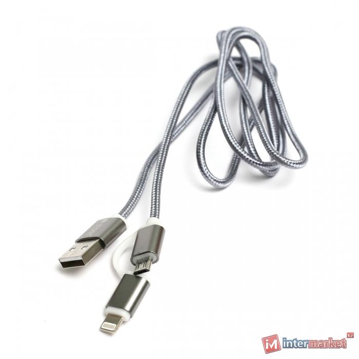 Кабель PowerPlant Quick Charge 2A 2-в-1 cotton USB 2.0 AM – Lightning/Micro 1m grey